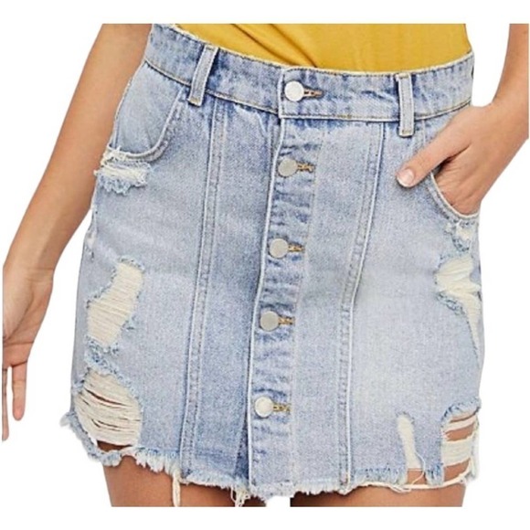 Free People Dresses & Skirts - 🔴 5 for $25! Free People Denim Mini Skirt Distressed Button Front Size 2
